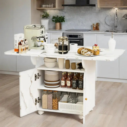 47 Wood Rolling Folding Kitchen Island with Storage Rack and Cabinet