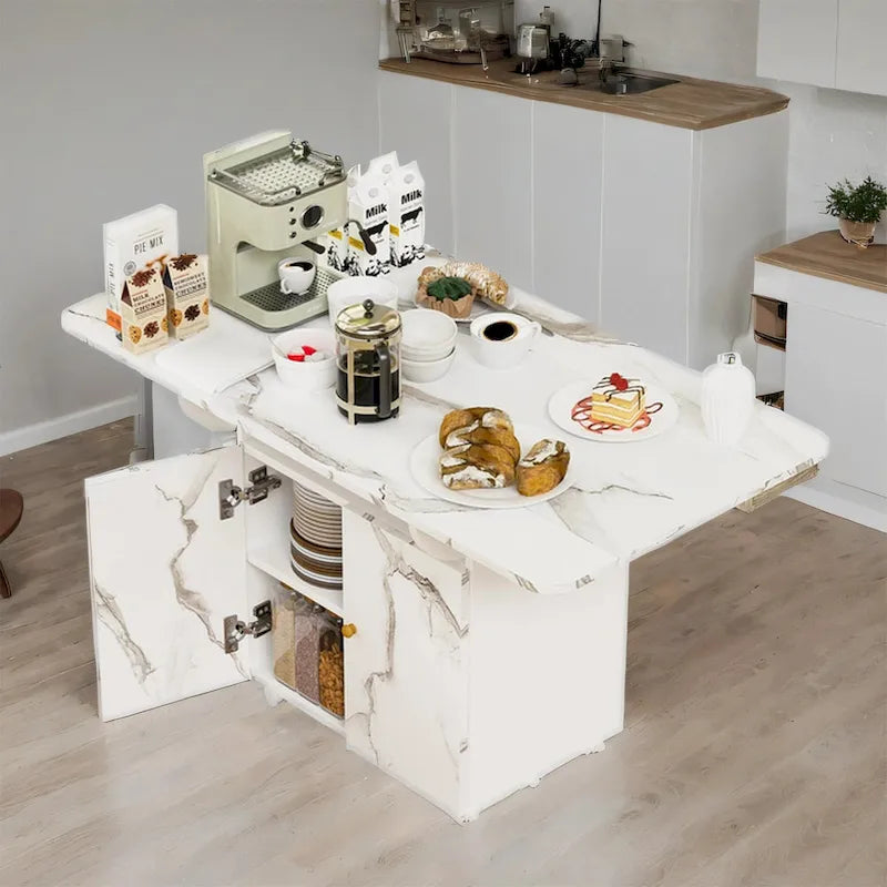 Îlot de cuisine roulant et pliant en bois 47 avec étagère de rangement et armoire