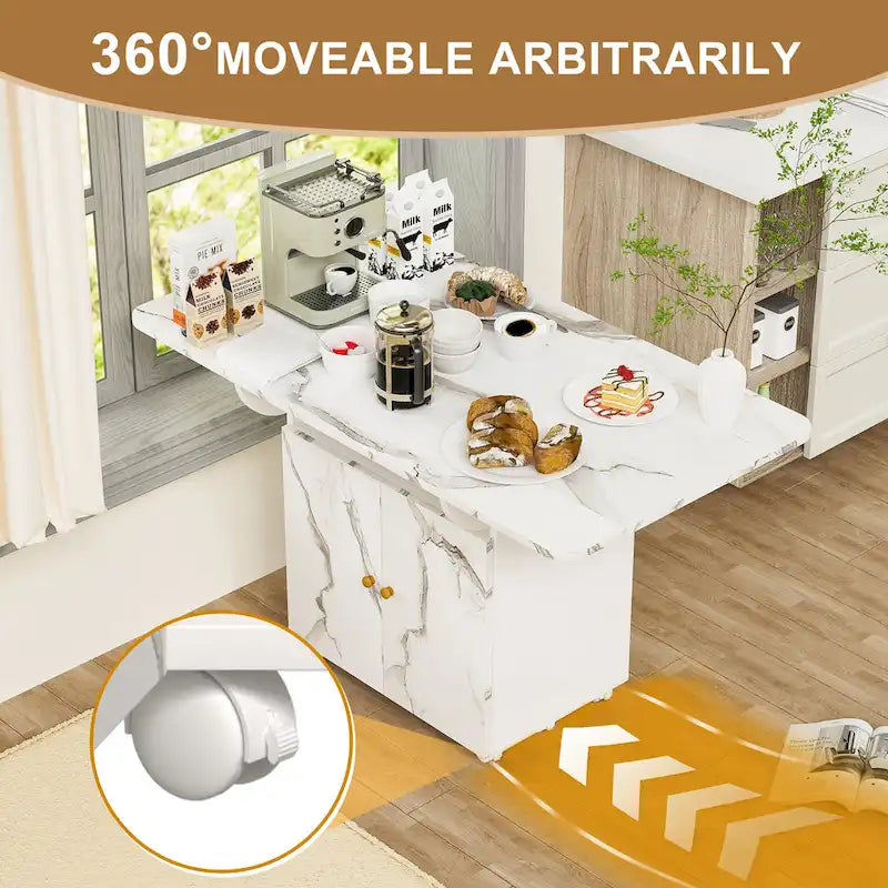 Îlot de cuisine roulant et pliant en bois 47 avec étagère de rangement et armoire