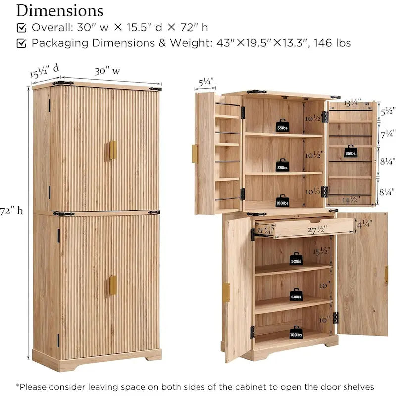 Armoire de rangement moderne de 183 cm de hauteur avec 4 portes et cannelures