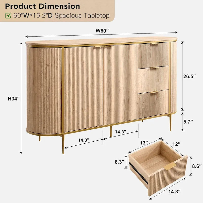 60 Modern Fluted Buffet Cabinet, Buffet Table, Coffee/Wine Bar