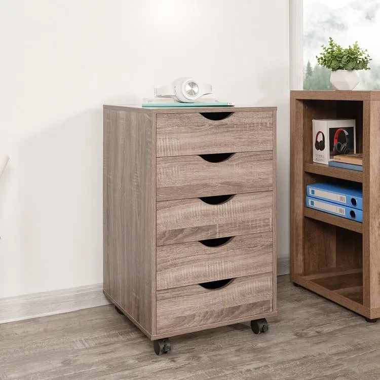 5 Drawers Chest, Wood Storage Dresser with Wheels, Craft Storage Organizer and Storage Drawer Office Drawer Unit