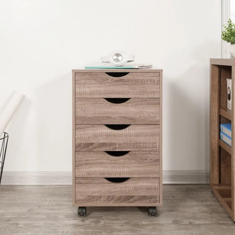 Commode à 5 tiroirs, commode de rangement en bois avec roulettes, organisateur de rangement pour travaux manuels et unité de rangement de bureau avec tiroirs