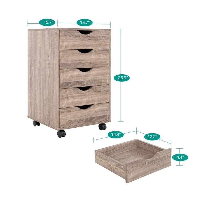 Commode à 5 tiroirs, commode de rangement en bois avec roulettes, organisateur de rangement pour travaux manuels et unité de rangement de bureau avec tiroirs