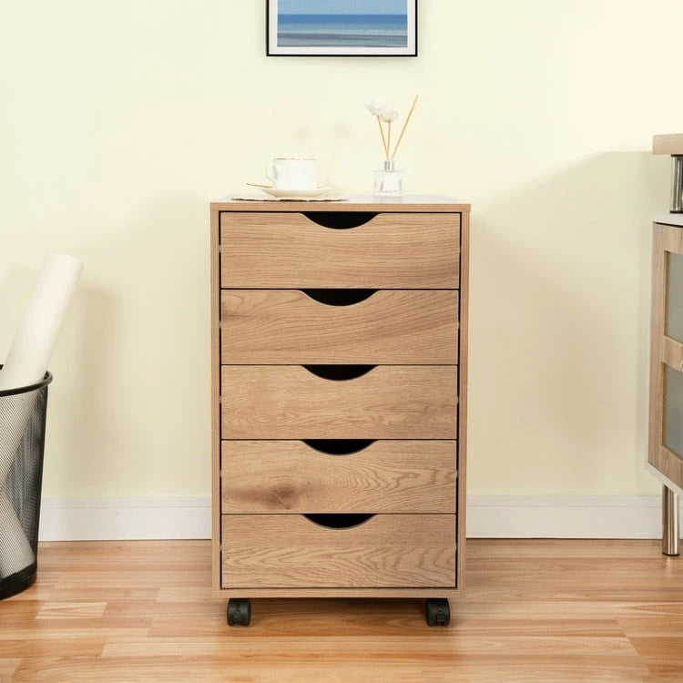 Commode à 5 tiroirs, commode de rangement en bois avec roulettes, organisateur de rangement pour travaux manuels et unité de rangement de bureau avec tiroirs