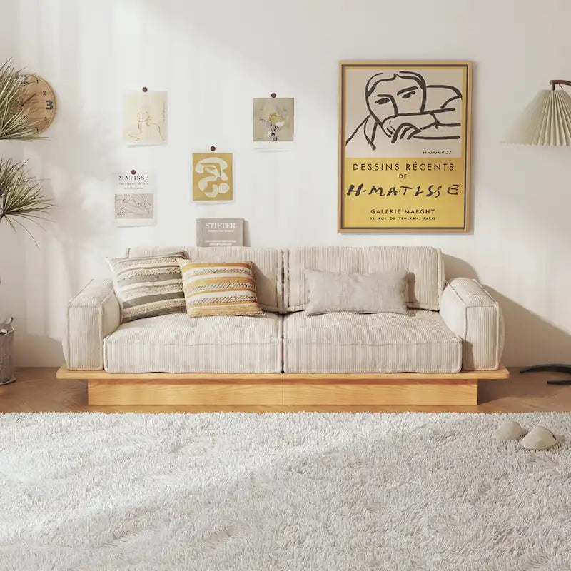 Canapé en velours côtelé beige avec cadre en bois