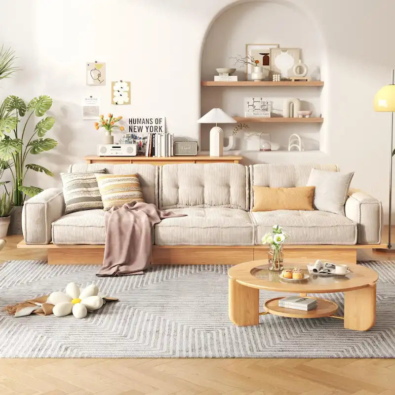 Canapé en velours côtelé beige avec cadre en bois