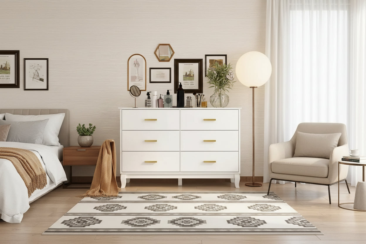 FUFU&GAGA Commode double 6 tiroirs de 47,2 po de largeur, rangement de commode laquée