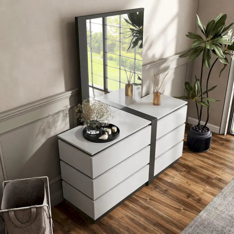 Commode et miroir contemporains blancs en bois à 6 tiroirs