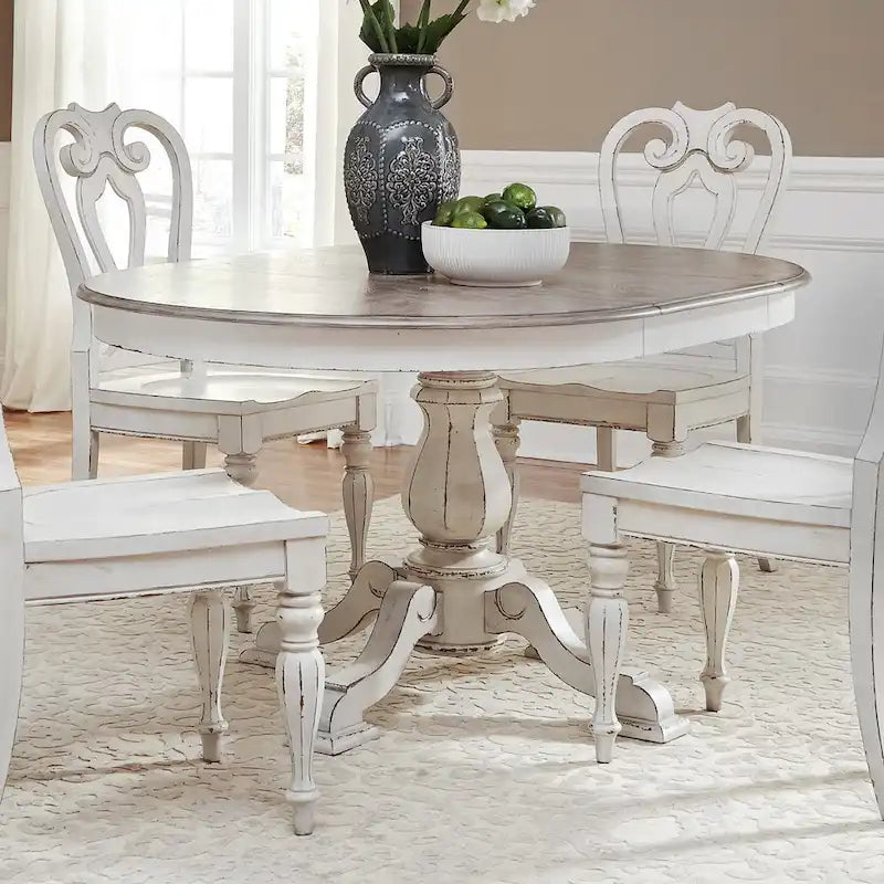 Magnolia Manor Round Pedestal Dining Table with Expandable Leaves - 2 Finishes
