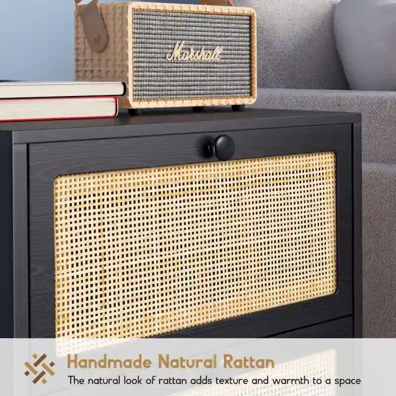 Table de chevet bohème en rotin naturel avec tiroir