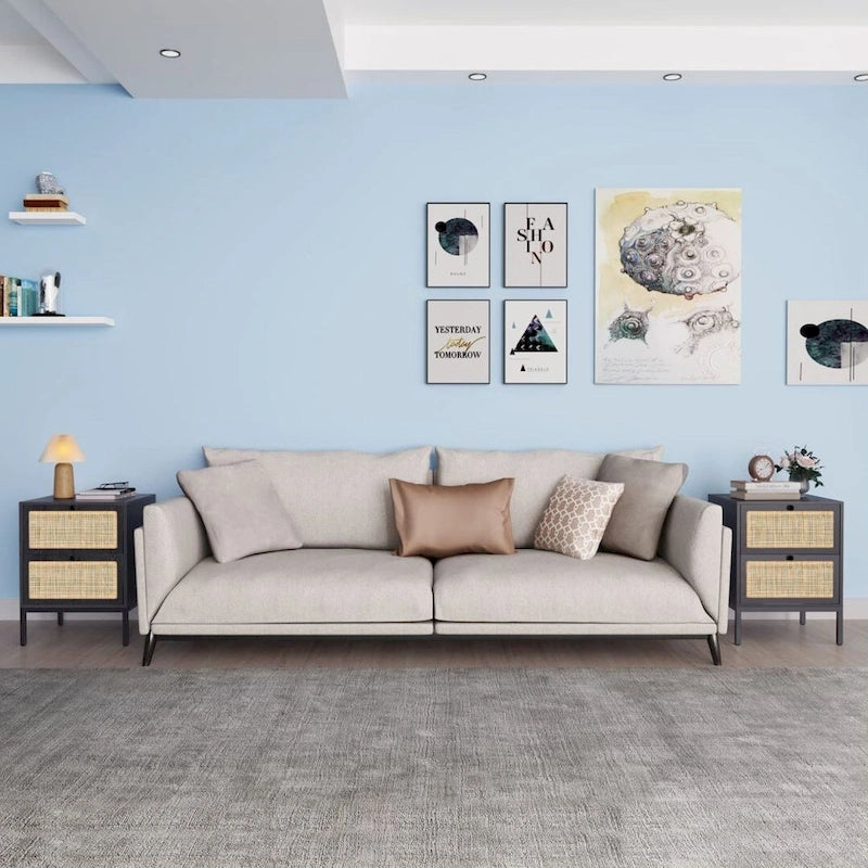 Table de chevet bohème en rotin naturel avec tiroir