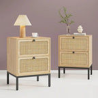 Boho Natural Rattan Nightstand with Drawer Set of 2