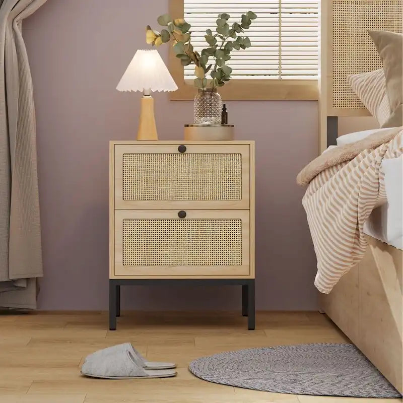 Table de chevet bohème en rotin naturel avec tiroir