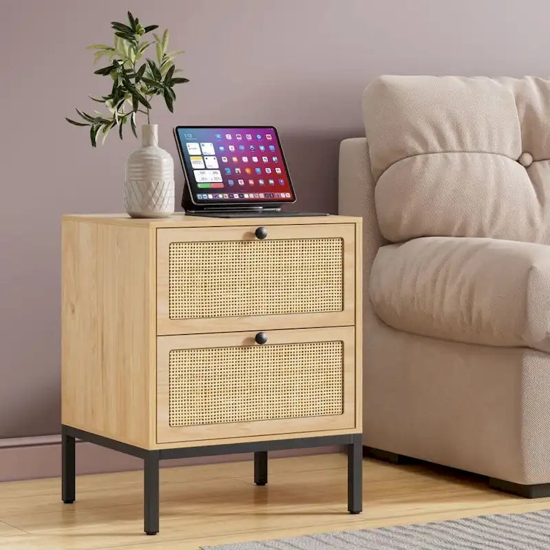 Table de chevet bohème en rotin naturel avec tiroir