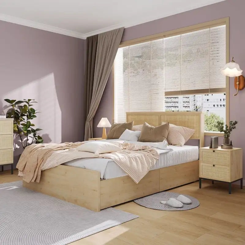 Table de chevet bohème en rotin naturel avec tiroir