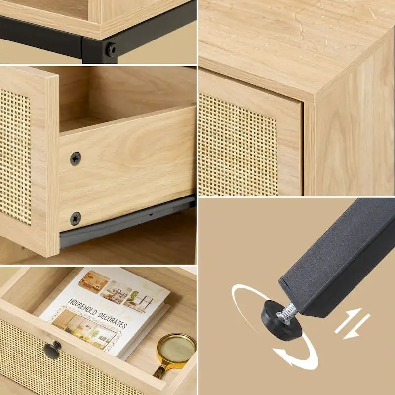 Table de chevet bohème en rotin naturel avec tiroir