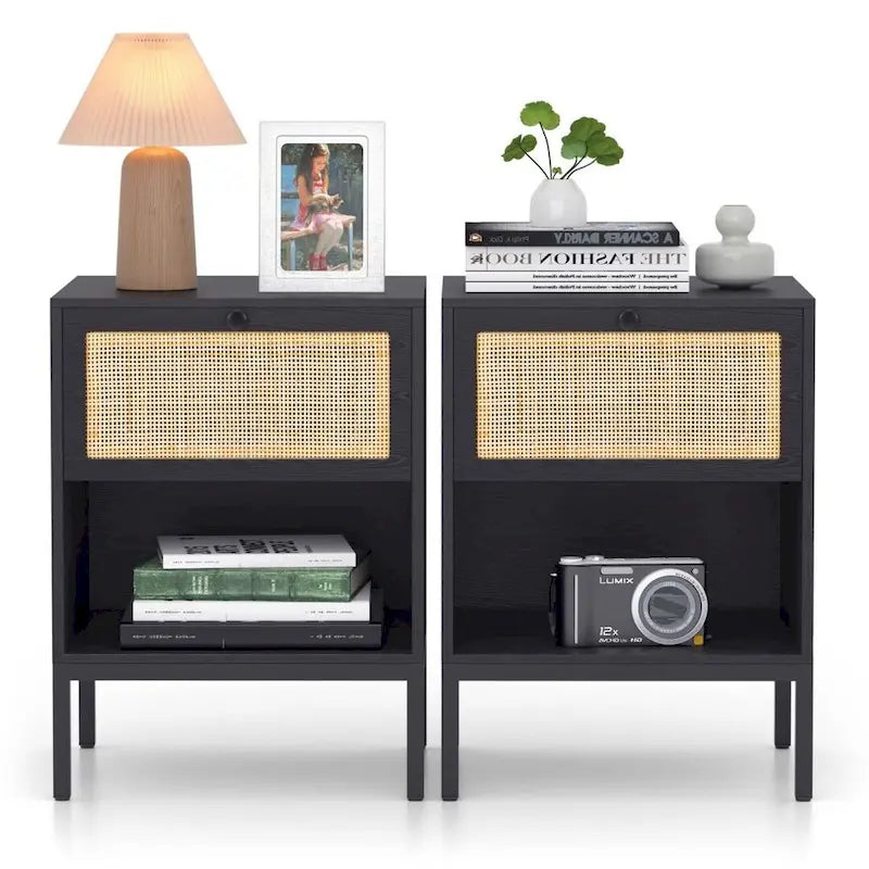 Table de chevet bohème en rotin naturel avec tiroir