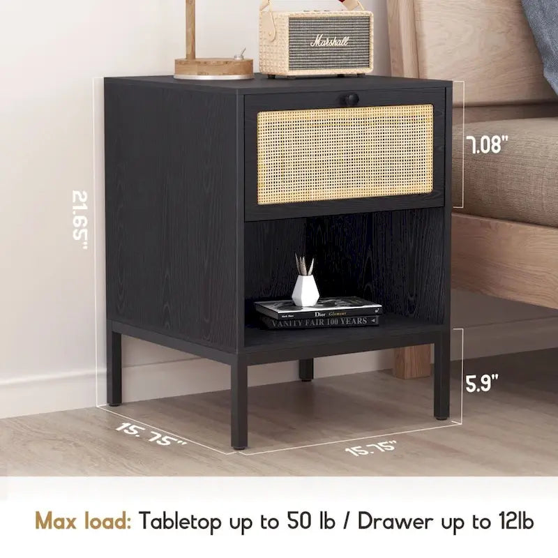 Table de chevet bohème en rotin naturel avec tiroir