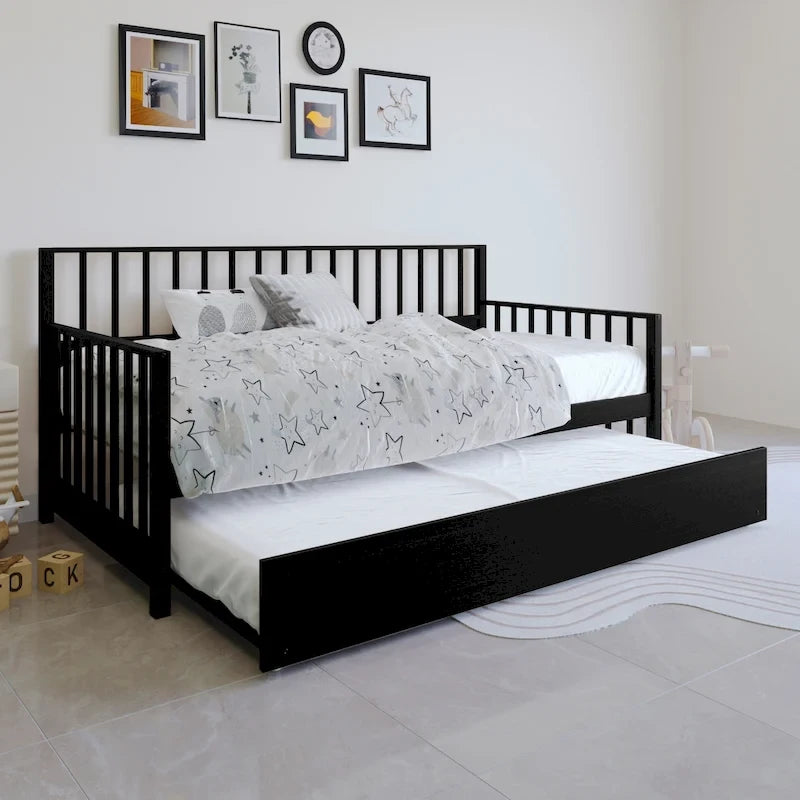 Lit de repos double en bois classique avec tiroir gigogne