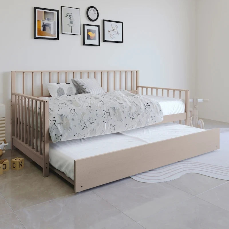 Lit de repos double en bois classique avec tiroir gigogne