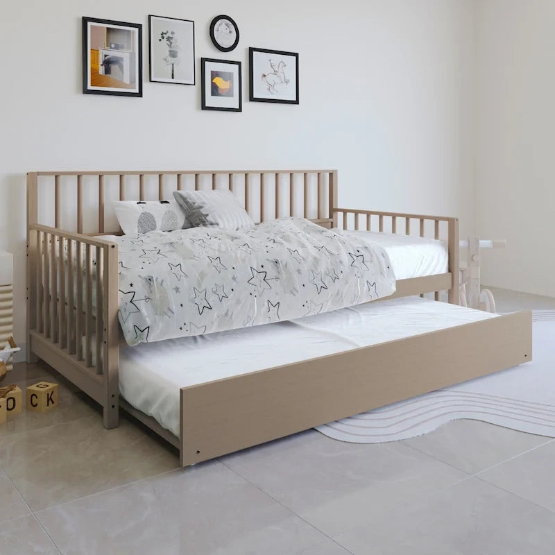 Lit de repos double en bois classique avec tiroir gigogne