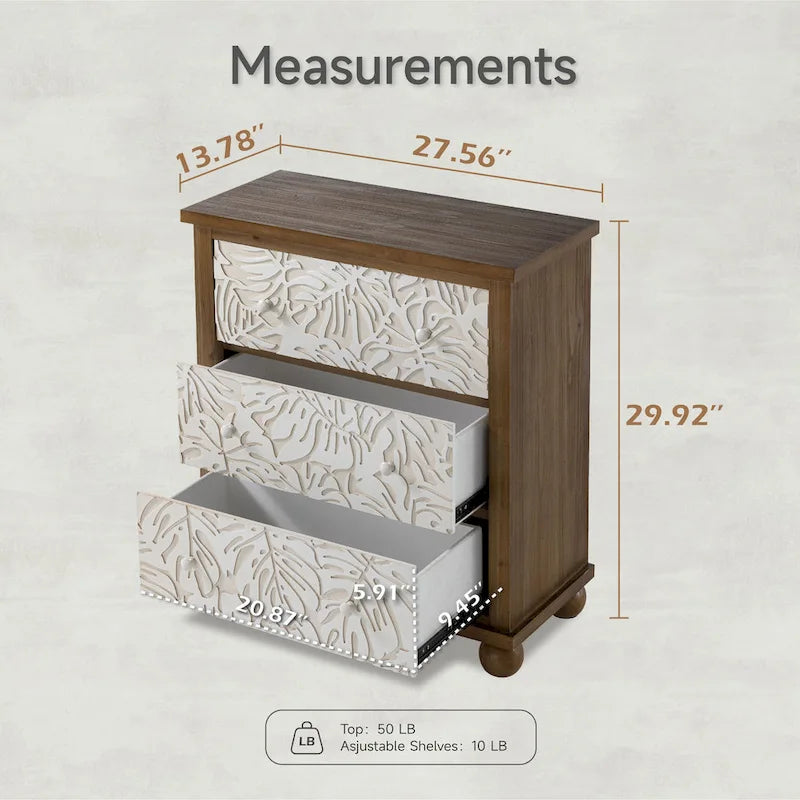 Table de chevet rustique à 3 tiroirs avec motif feuilles sculpté, commode d'appoint de style campagne française vintage