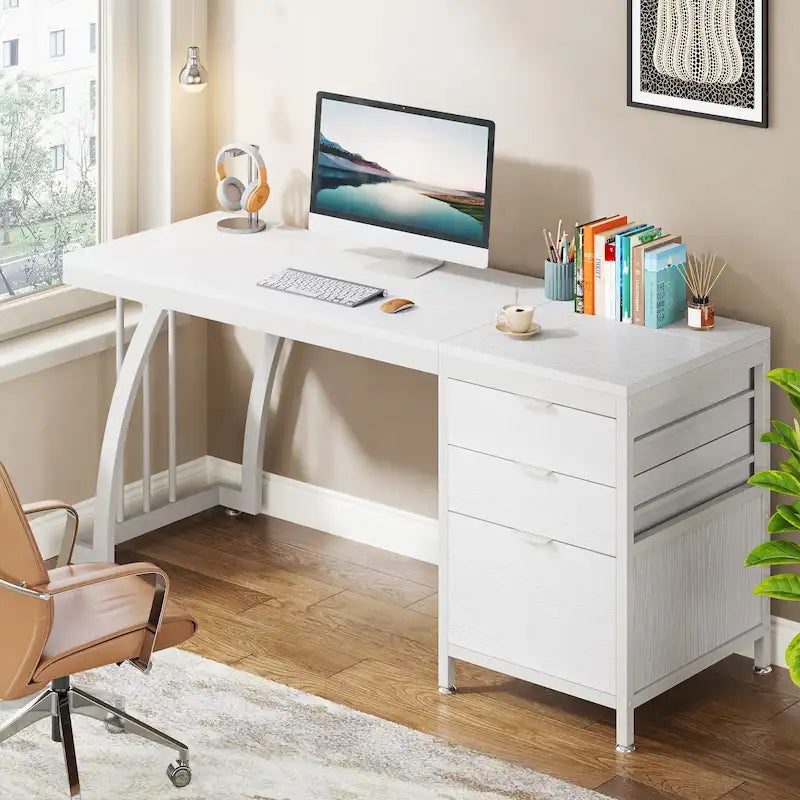 Grand bureau d'ordinateur avec meuble à tiroirs réversible