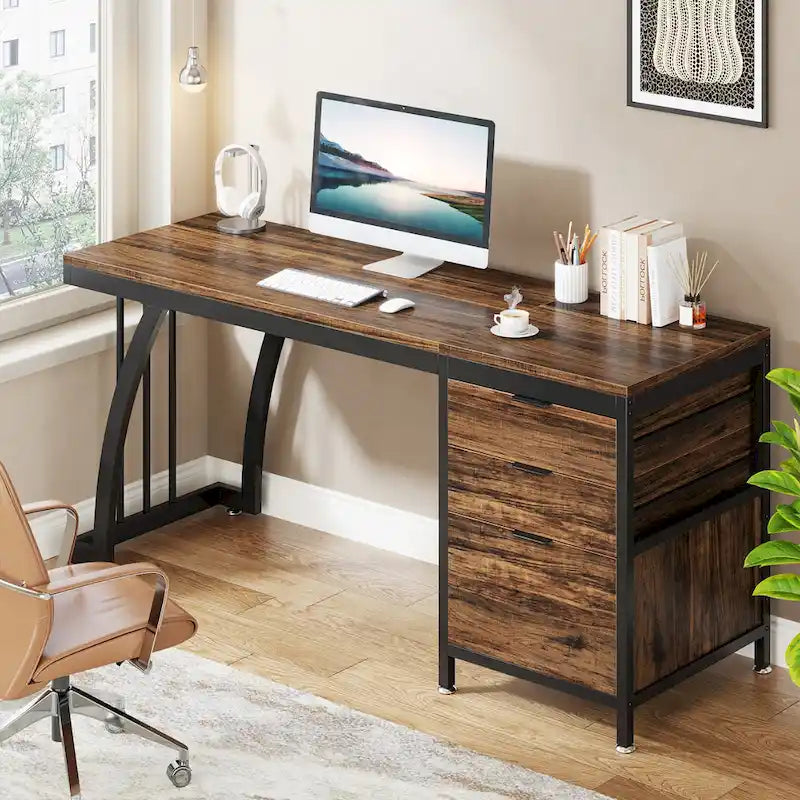 Large Computer Desk with Reversible Drawer Cabinet