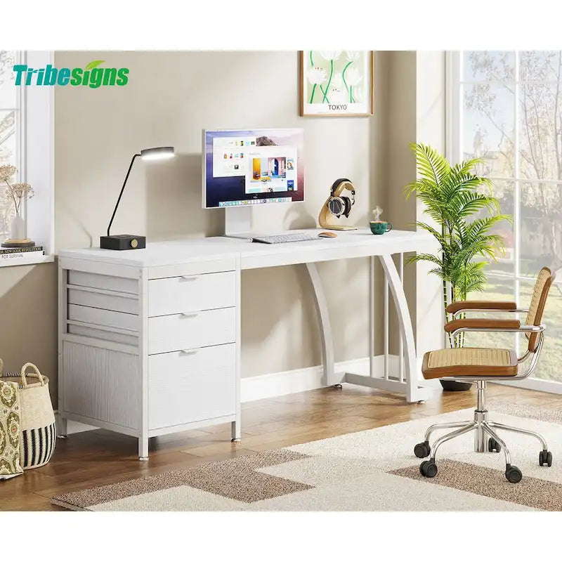 Grand bureau d'ordinateur avec meuble à tiroirs réversible