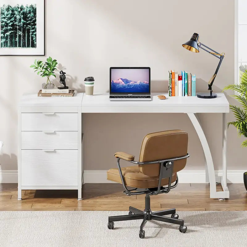 Grand bureau d'ordinateur avec meuble à tiroirs réversible