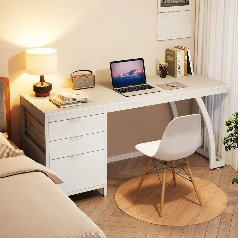 Grand bureau d'ordinateur avec meuble à tiroirs réversible