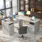 Bureau d'angle style ferme moderne avec classeur et tiroirs, bureau de direction avec station de recharge pour bureau à domicile