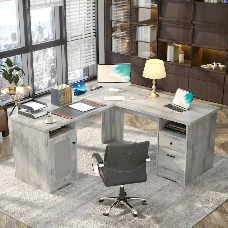 Bureau d'angle style ferme moderne avec classeur et tiroirs, bureau de direction avec station de recharge pour bureau à domicile