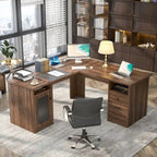 Bureau d'angle style ferme moderne avec classeur et tiroirs, bureau de direction avec station de recharge pour bureau à domicile