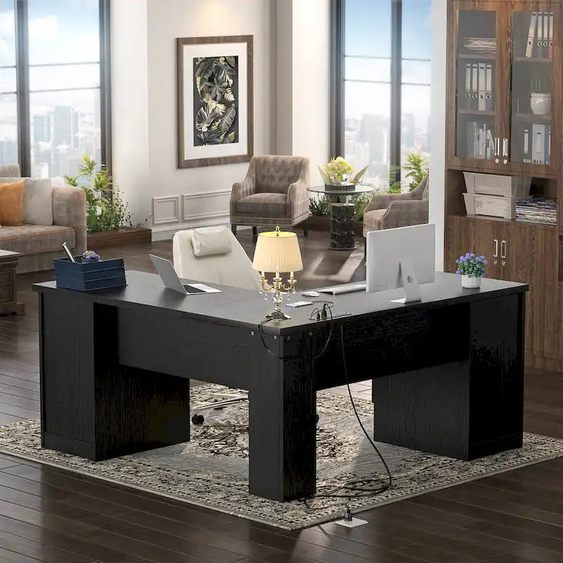 Bureau d'angle style ferme moderne avec classeur et tiroirs, bureau de direction avec station de recharge pour bureau à domicile