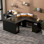 Bureau d'angle style ferme moderne avec classeur et tiroirs, bureau de direction avec station de recharge pour bureau à domicile