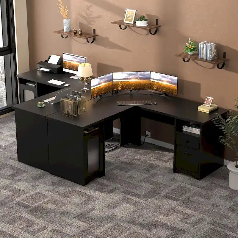 Bureau d'angle style ferme moderne avec classeur et tiroirs, bureau de direction avec station de recharge pour bureau à domicile