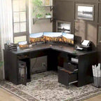 Bureau d'angle style ferme moderne avec classeur et tiroirs, bureau de direction avec station de recharge pour bureau à domicile