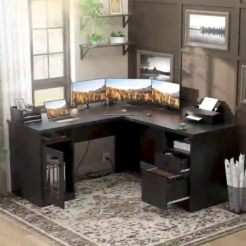 Bureau d'angle style ferme moderne avec classeur et tiroirs, bureau de direction avec station de recharge pour bureau à domicile