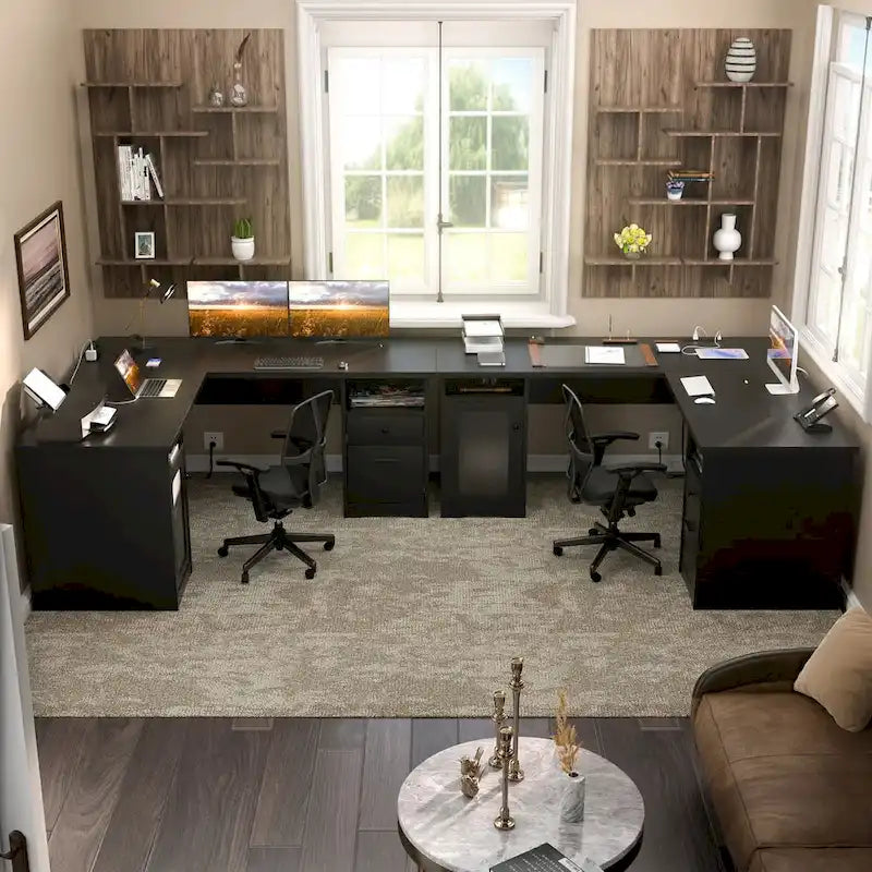 Bureau d'angle style ferme moderne avec classeur et tiroirs, bureau de direction avec station de recharge pour bureau à domicile