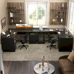 Bureau d'angle style ferme moderne avec classeur et tiroirs, bureau de direction avec station de recharge pour bureau à domicile