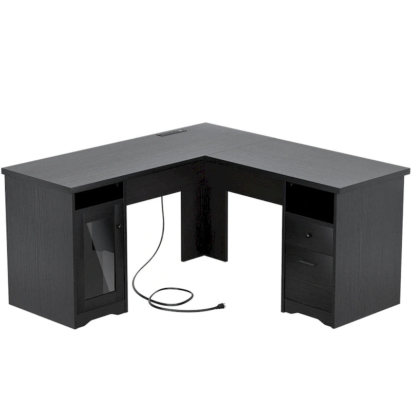 Bureau d'angle style ferme moderne avec classeur et tiroirs, bureau de direction avec station de recharge pour bureau à domicile