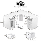 Bureau d'angle style ferme moderne avec classeur et tiroirs, bureau de direction avec station de recharge pour bureau à domicile