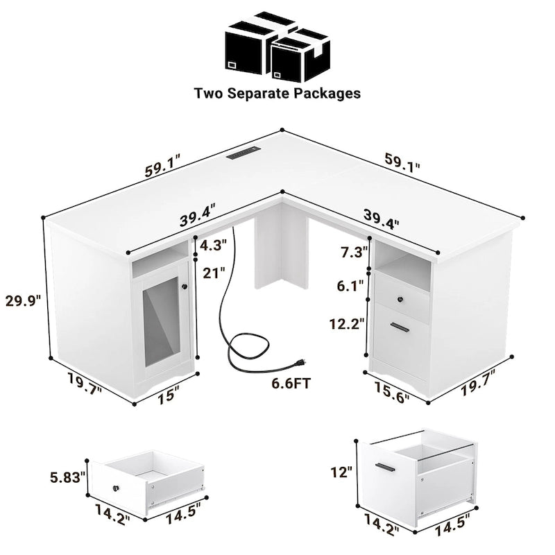 Bureau d'angle style ferme moderne avec classeur et tiroirs, bureau de direction avec station de recharge pour bureau à domicile