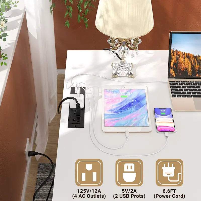 Bureau d'angle style ferme moderne avec classeur et tiroirs, bureau de direction avec station de recharge pour bureau à domicile