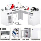 Bureau d'angle style ferme moderne avec classeur et tiroirs, bureau de direction avec station de recharge pour bureau à domicile