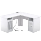 Bureau d'angle style ferme moderne avec classeur et tiroirs, bureau de direction avec station de recharge pour bureau à domicile