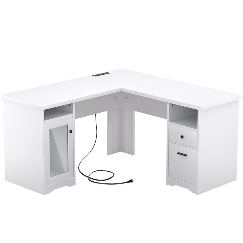 Bureau d'angle style ferme moderne avec classeur et tiroirs, bureau de direction avec station de recharge pour bureau à domicile