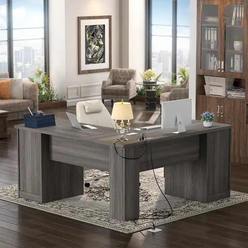 Bureau d'angle style ferme moderne avec classeur et tiroirs, bureau de direction avec station de recharge pour bureau à domicile